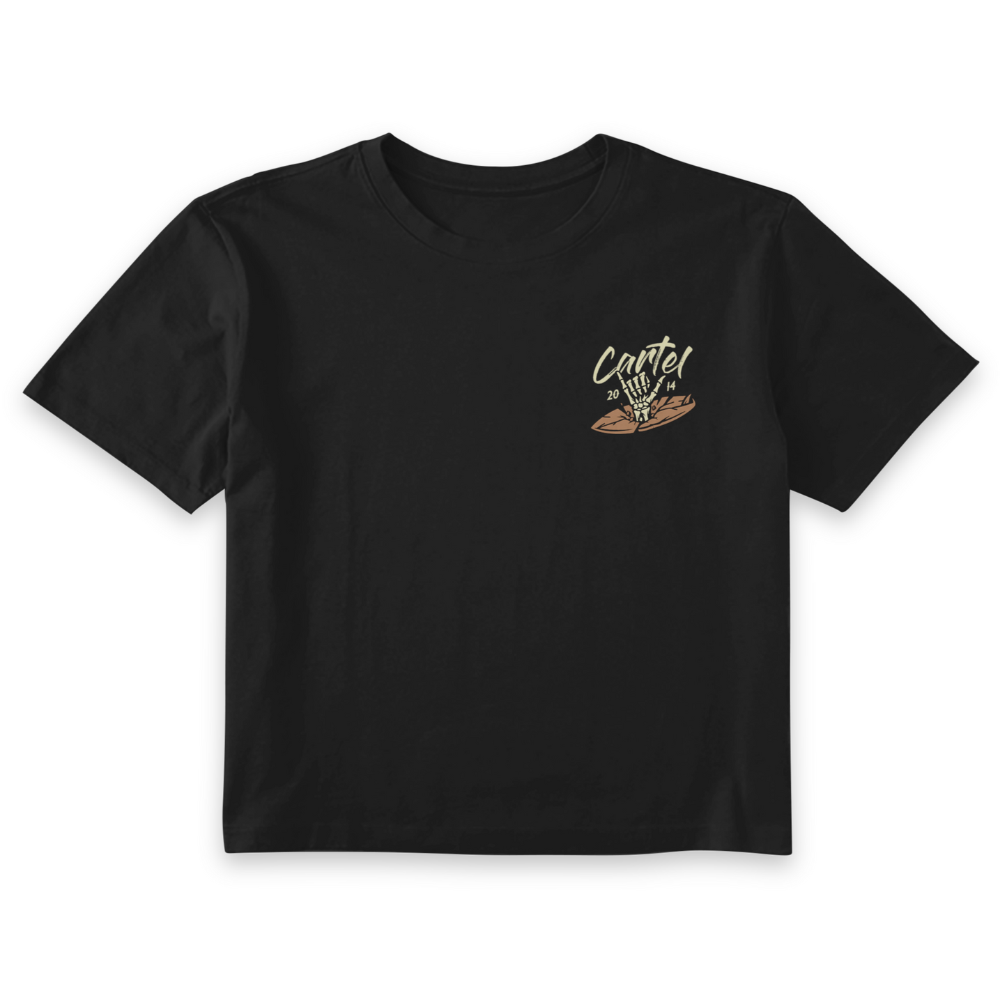 Black t-shirt with a small logo on the chest against a white background