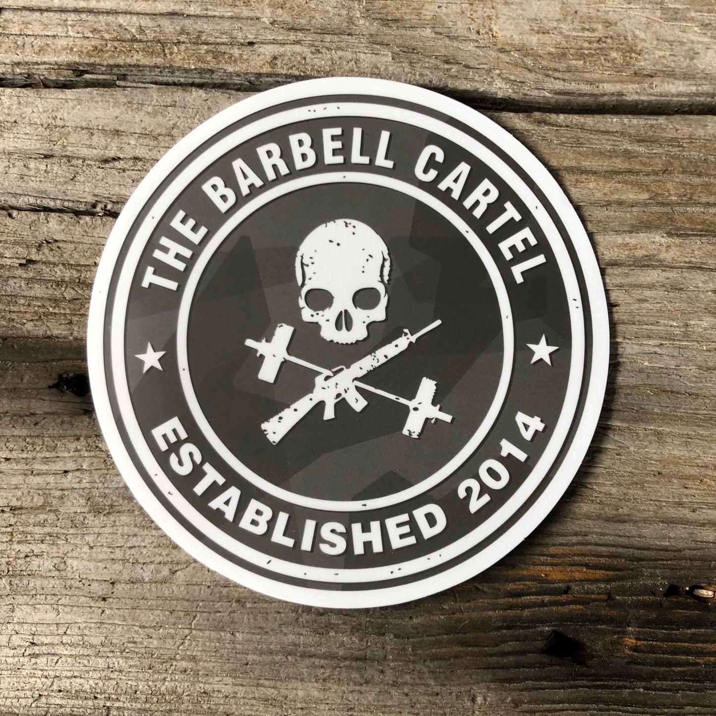 4x4 Circle Logo Sticker ( Black Camo ) - The Barbell Cartel , Weightlifting, wrist wraps, booty shorts, mesh leggings, weight belt, Board shorts