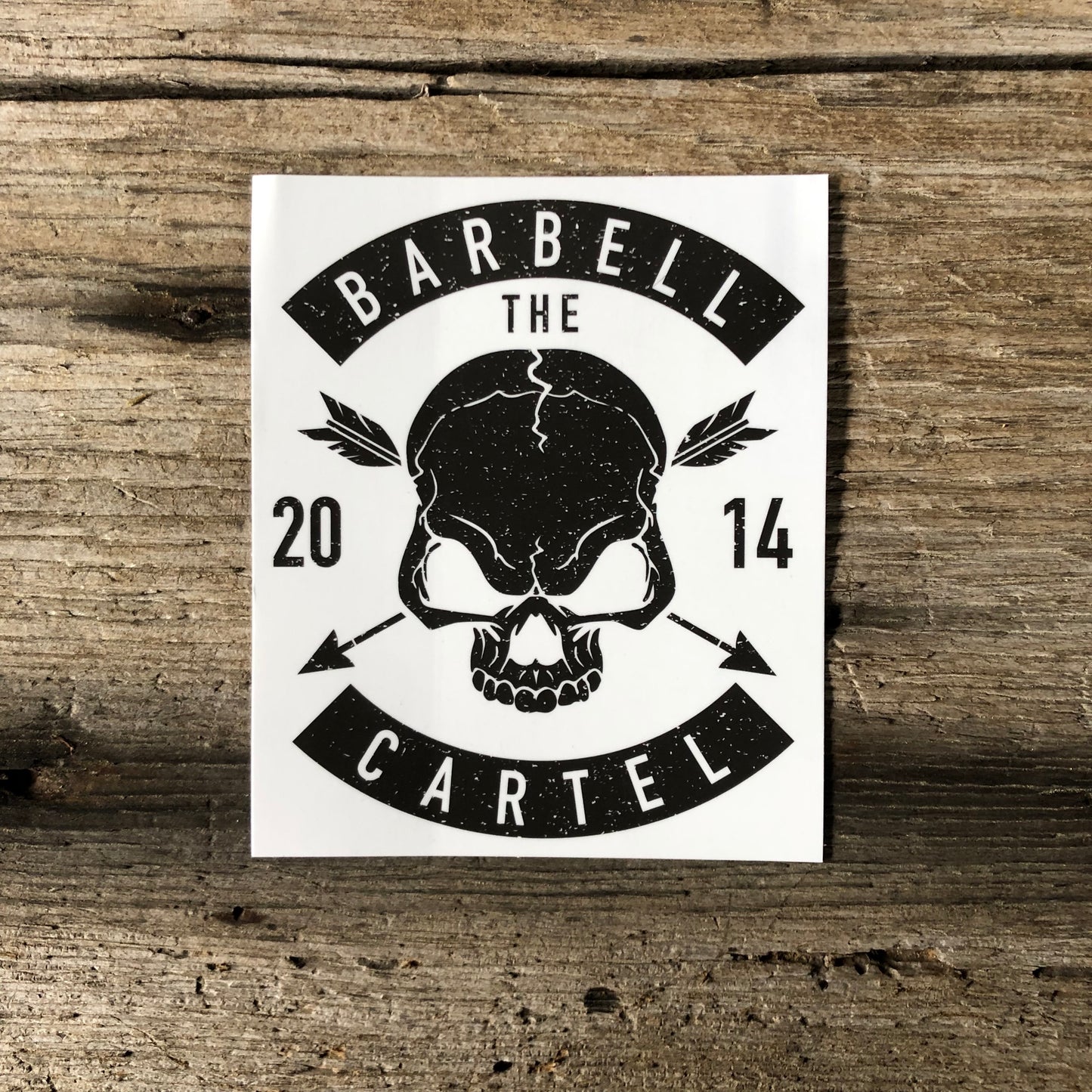 Skull & Arrow 3x4 sticker ( White ) - The Barbell Cartel , Weightlifting, wrist wraps, booty shorts, mesh leggings, weight belt, Board shorts