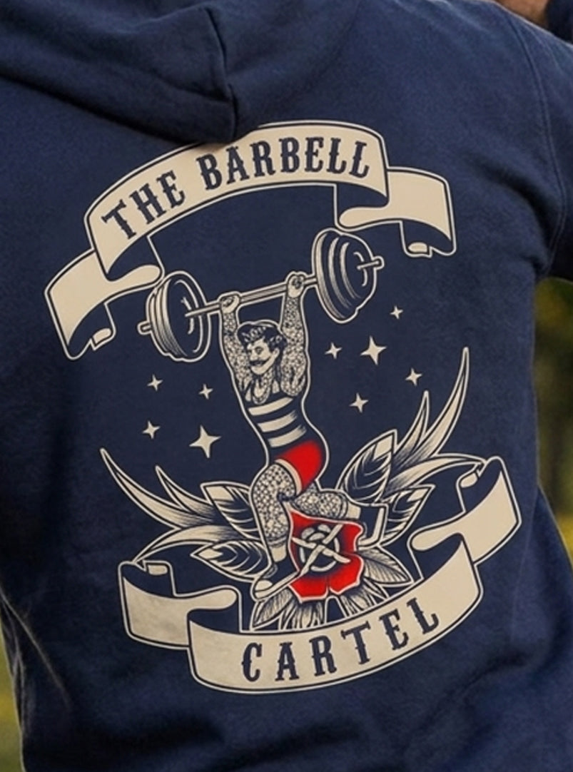 Old School Hoodie - Navy - back view on model