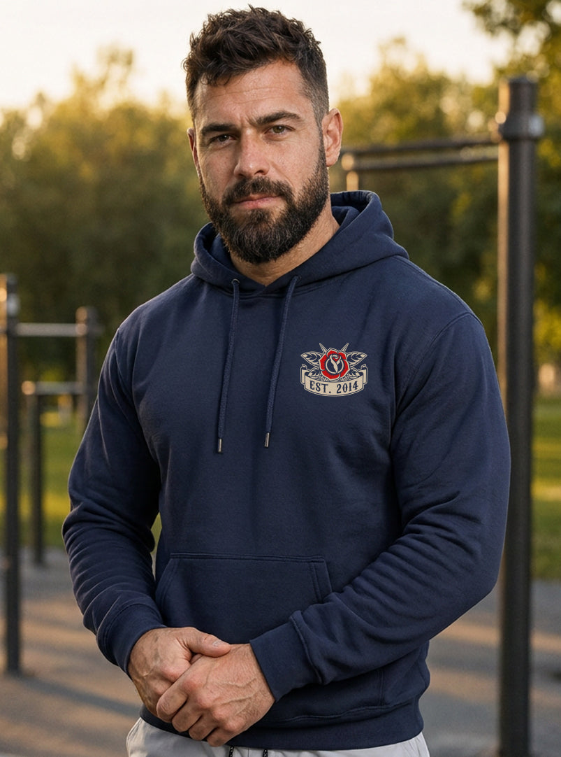 Old School Hoodie - Navy - front view on model