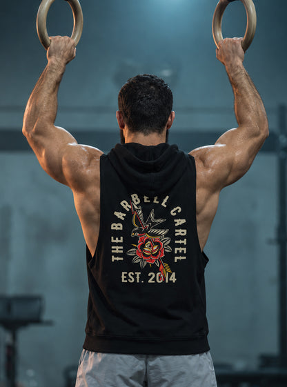 American Traditional Raw Cut Sleeveless Hoodie - Black - back view on model