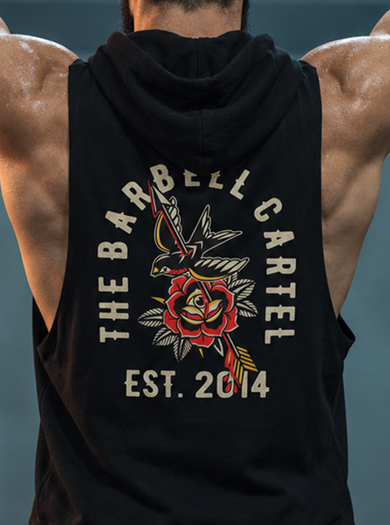 American Traditional Raw Cut Sleeveless Hoodie - Black - back view on model