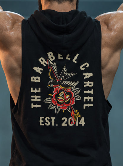 American Traditional Raw Cut Sleeveless Hoodie - Black - back view on model