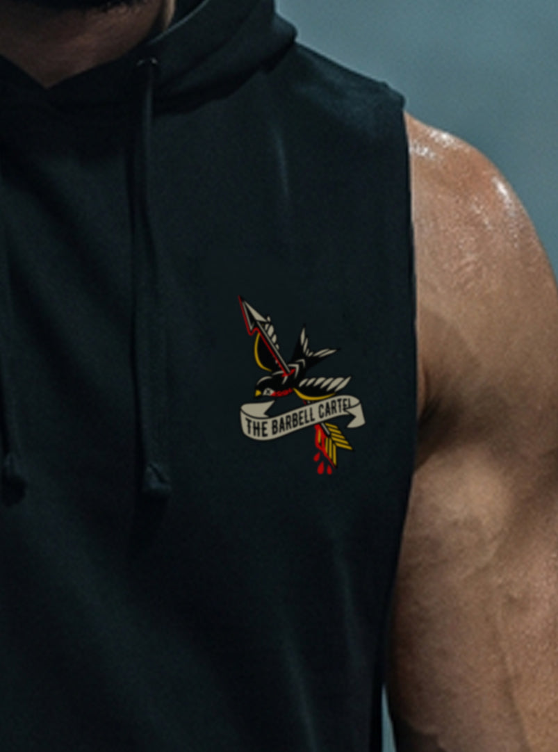 American Traditional Raw Cut Sleeveless Hoodie - Black - front view on model