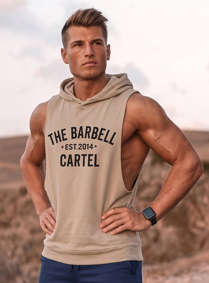 Classic Logo Raw Cut Sleeveless Hoodie - Safari - front view on model