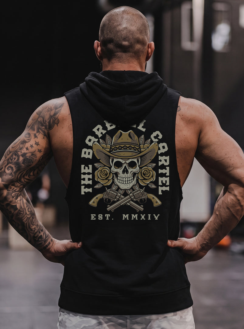 Outlaw Raw Cut Sleeveless Hoodie - Black - back view on model
