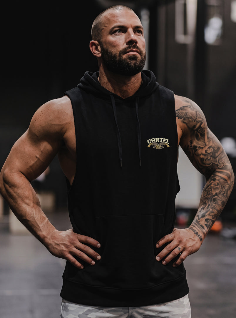 Outlaw Raw Cut Sleeveless Hoodie - Black - front view on model