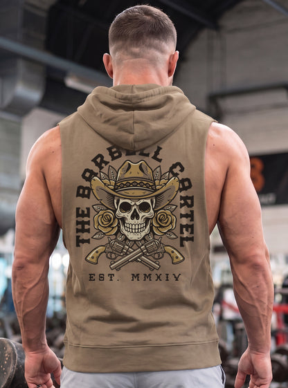 Outlaw Raw Cut Sleeveless Hoodie - Safari - back view on model