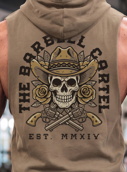 Outlaw Raw Cut Sleeveless Hoodie - Safari - back view on model