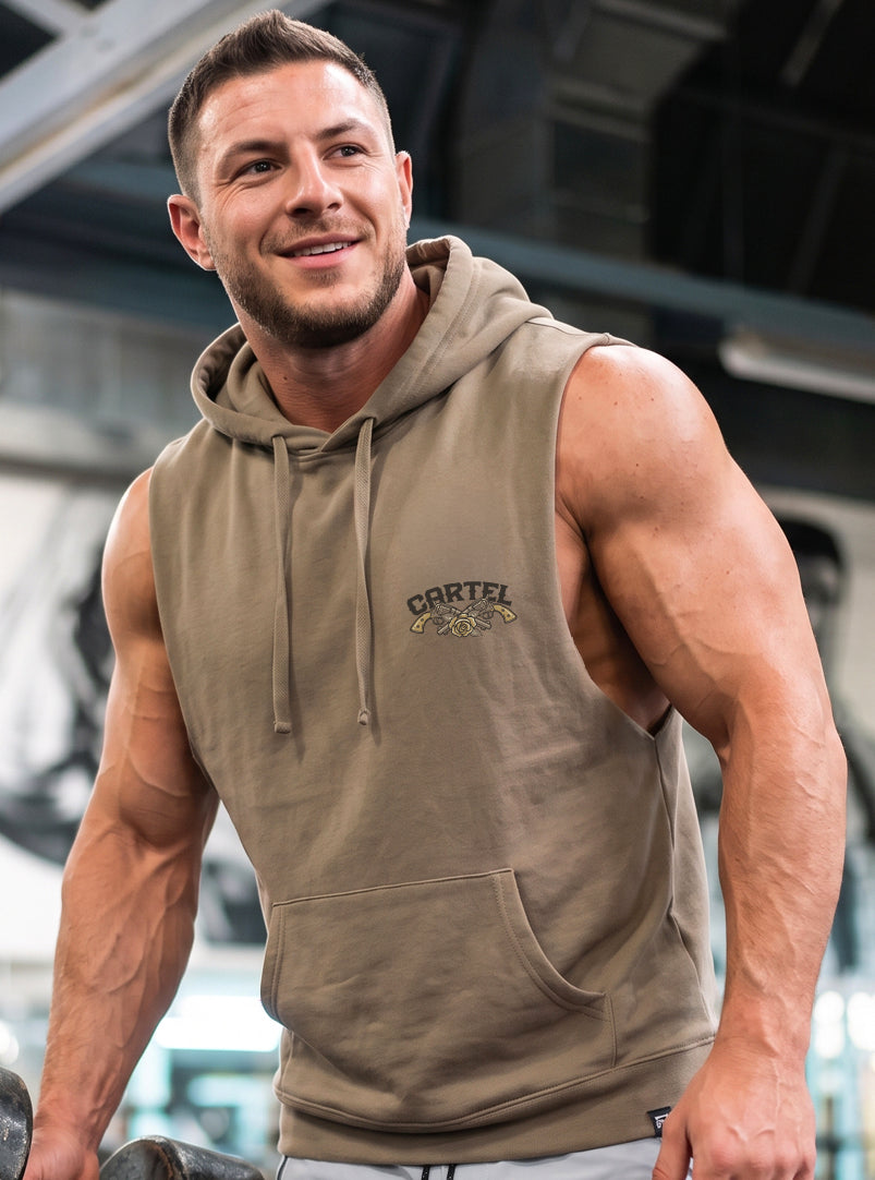 Outlaw Raw Cut Sleeveless Hoodie - Safari - front view on model