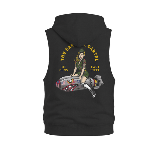 Bomber Girl Raw Cut Sleeveless Hoodie - Black