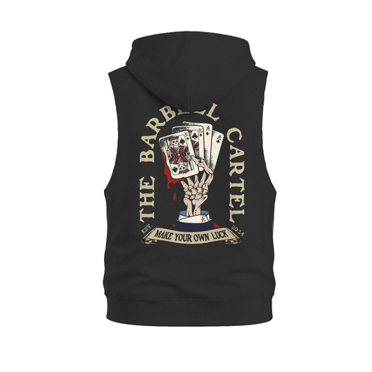 Pocket Ace Raw Cut Sleeveless Hoodie - Black