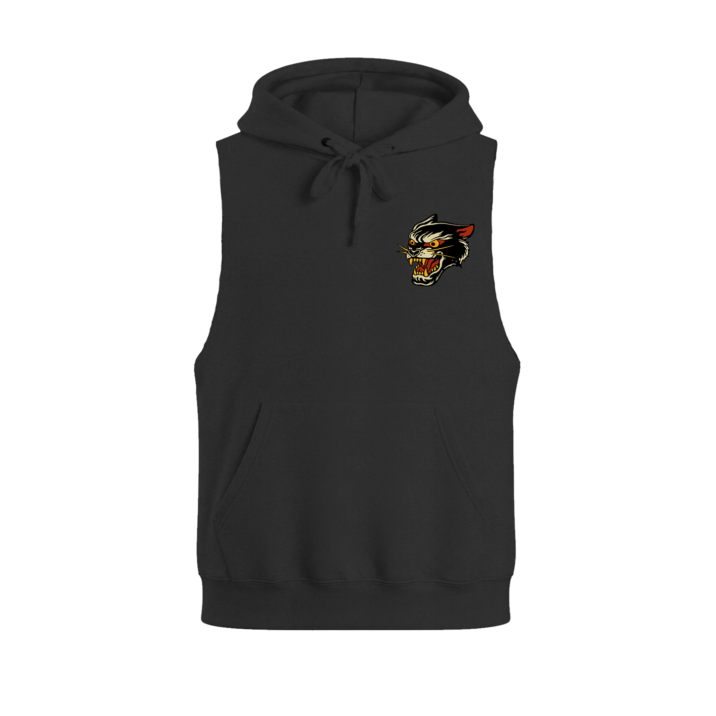 Wild Cat Raw Cut Sleeveless Hoodie - Black