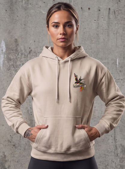 Women's American Traditional Hoodie - Sand - front view on model