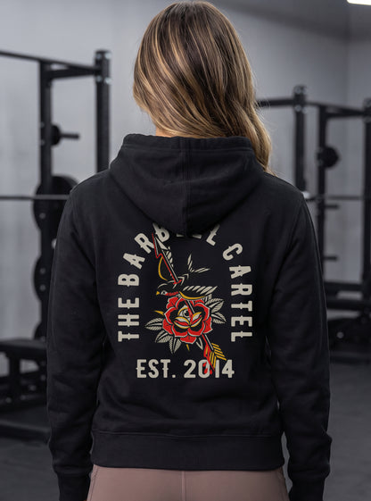 Women's American Traditional Hoodie - Black - back view on model