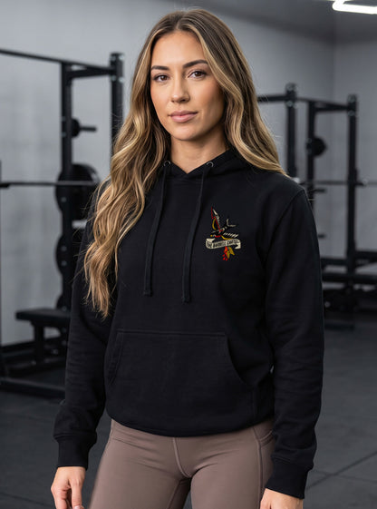 Women's American Traditional Hoodie - Black - front view on model