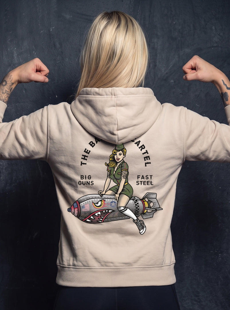 Women's Bomber Girl Hoodie - Sand - back view on model