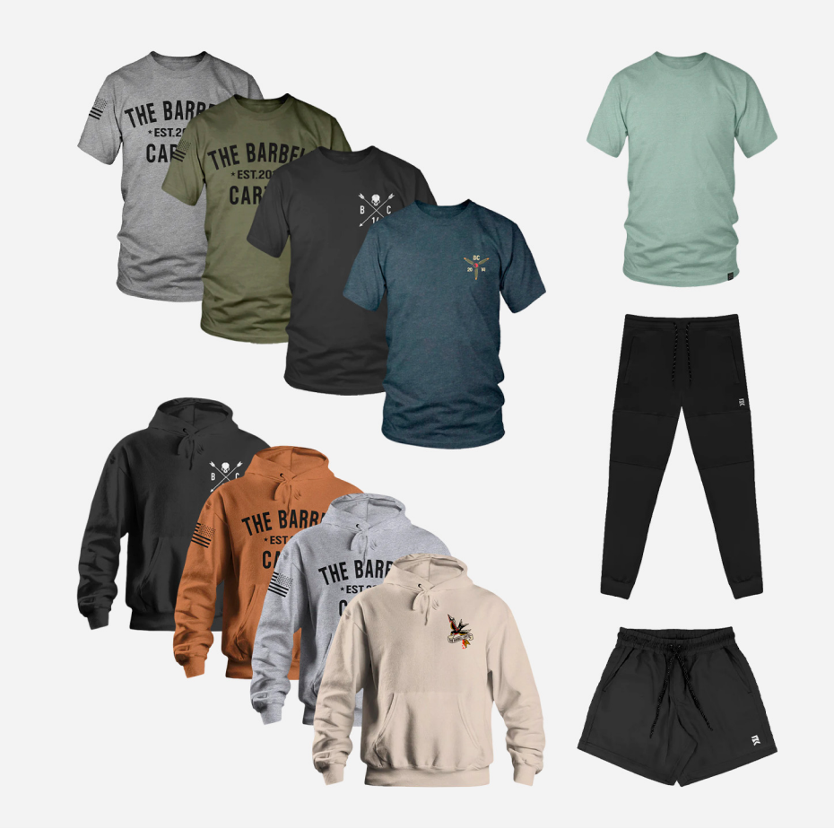 Collection of clothing items including t-shirts, hoodies, and pants on a white background